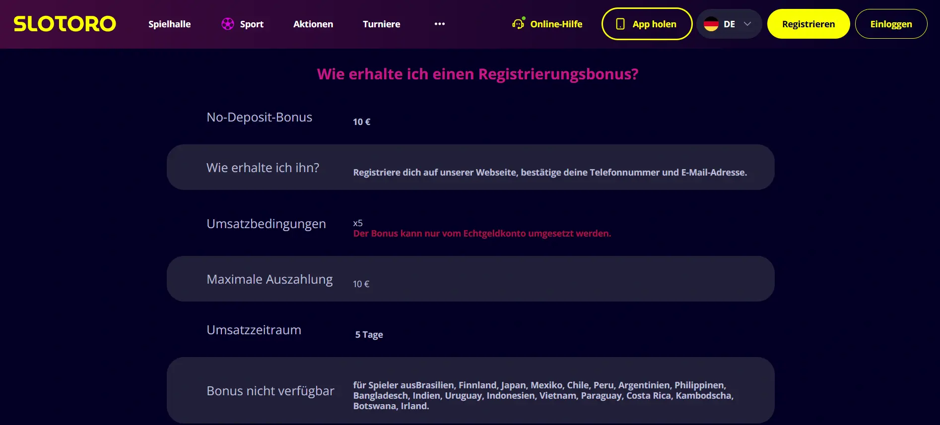 Slotoro - 10 euro bonus t&c